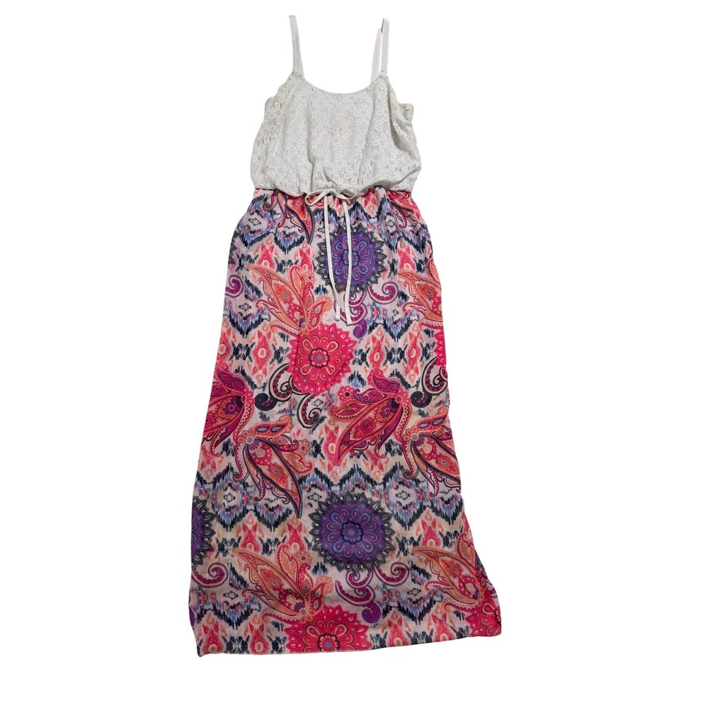 Faded Glory Maxi Dress Womens L Boho Paisley Lace Top Sleeveless Empire Waist